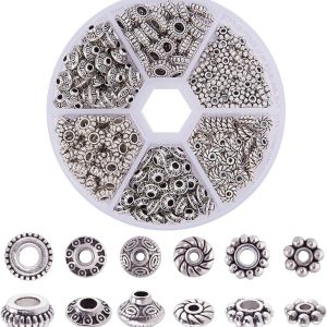 PH PandaHall 300pcs 6 Style Antique Silver Spacer Beads, Tibetan Metal Alloy Tube Spacers Flower Flat Rondelle Small Loose Beads for Bracelet Necklace Earring Jewelry Making Supplies